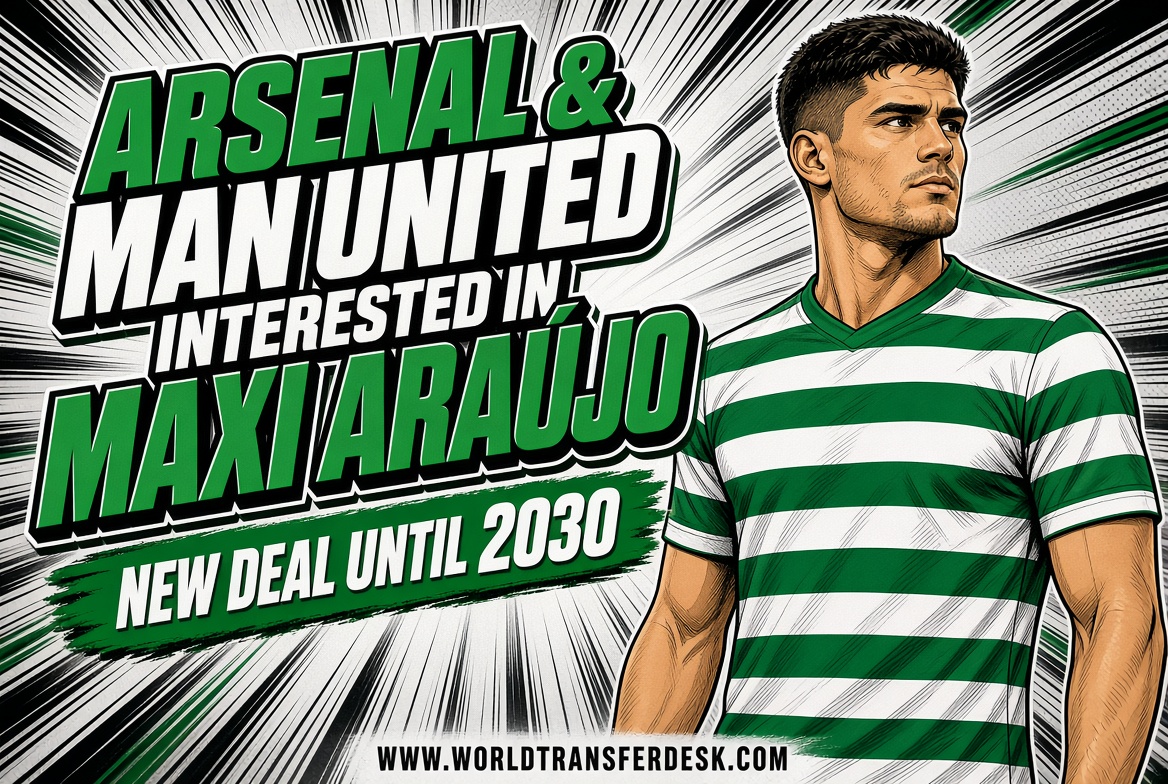 Maxi Araújo playing for Sporting CP amid reported interest from Arsenal and Manchester United.