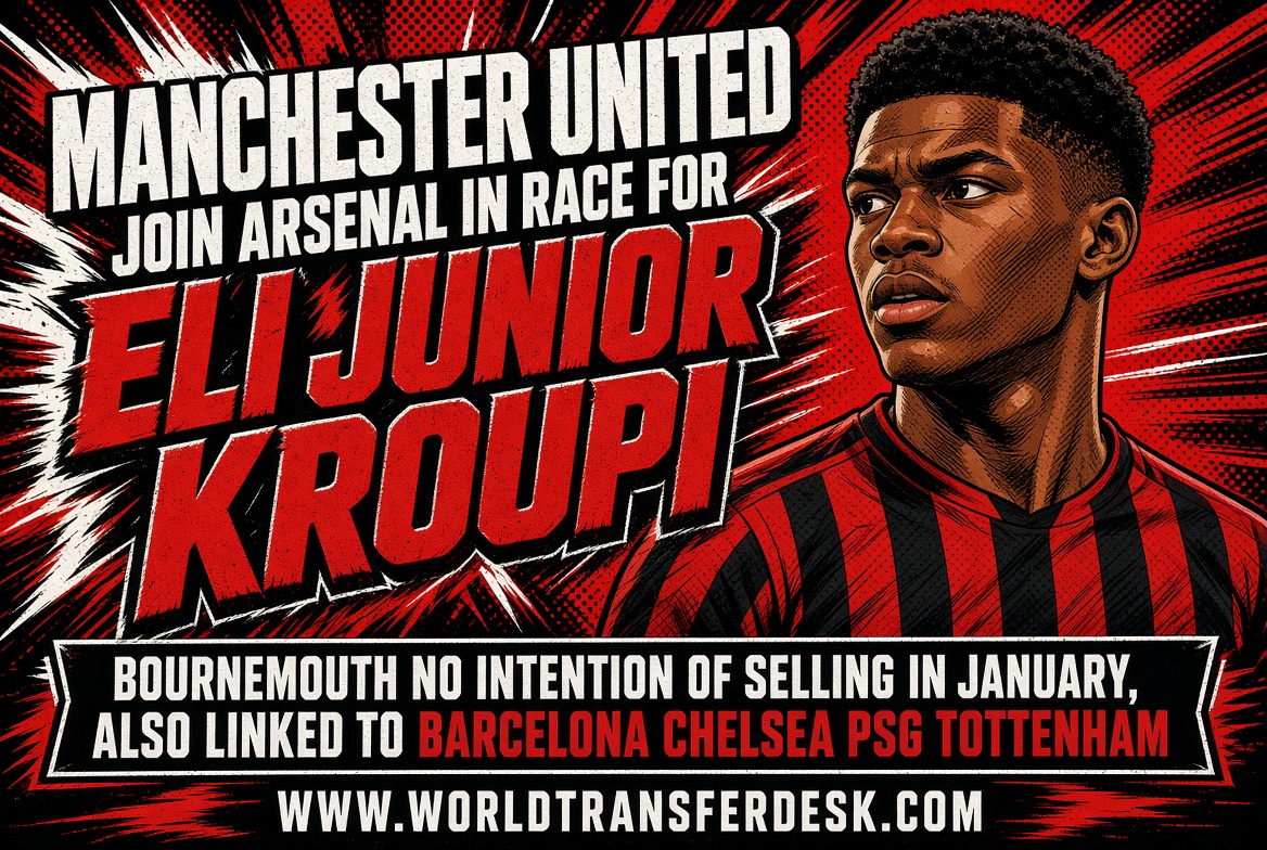 Bournemouth forward Eli Junior Kroupi amid reported transfer interest from Manchester United and Arsenal.