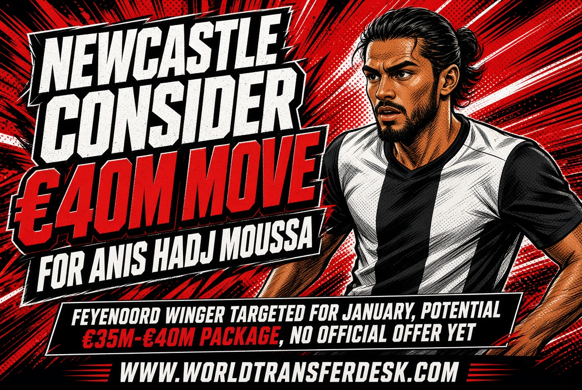 Feyenoord winger Anis Hadj Moussa amid reported transfer interest from Newcastle United.
